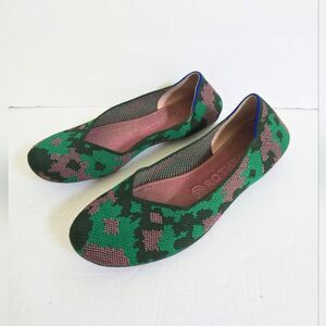 Rothy's Botanicamo Knit Camo Ballerina Flats Shoes Green Pink Size 8